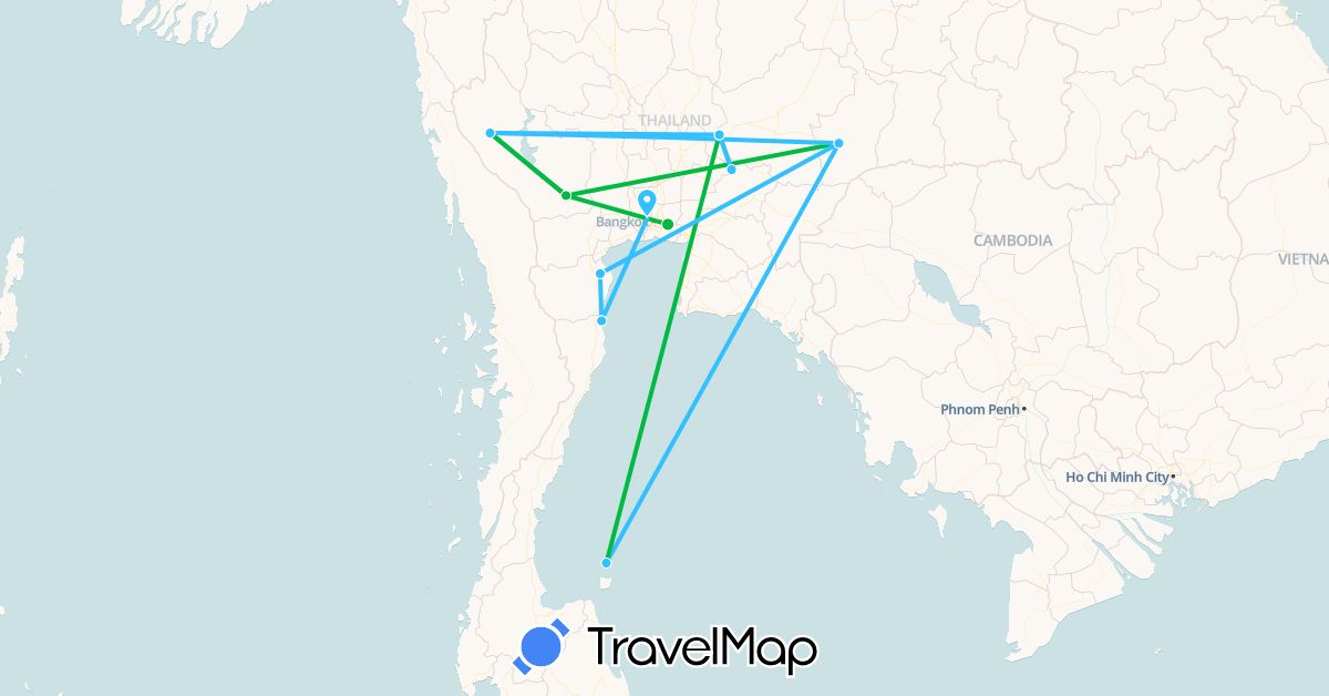 TravelMap itinerary: bus, plane, hiking, boat in Thailand (Asia)